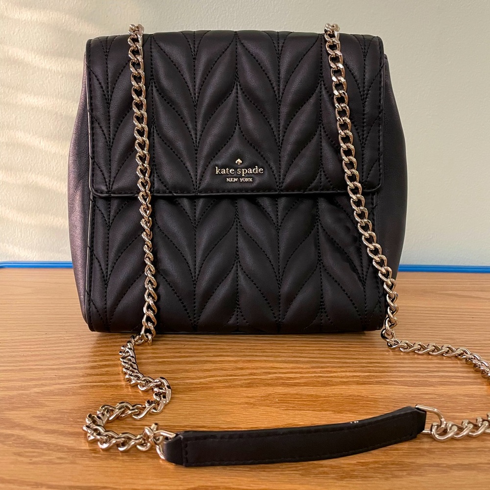 Kate Spade Quilted Black Crossbody Bag with Silver Chain